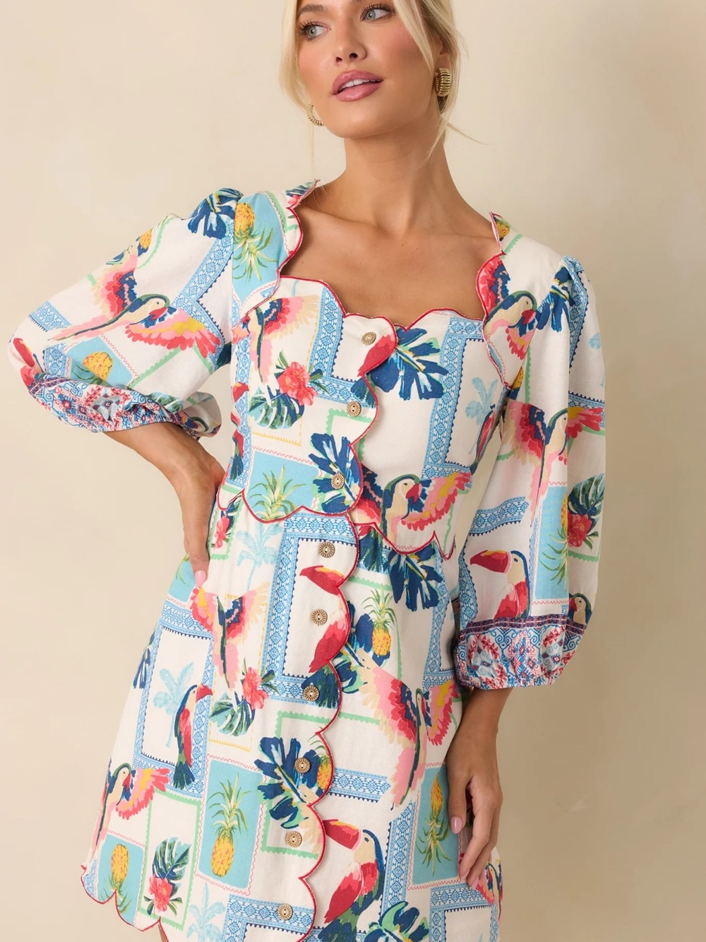 Red Dress Boutique White Tropical Print Scallop Button Dress